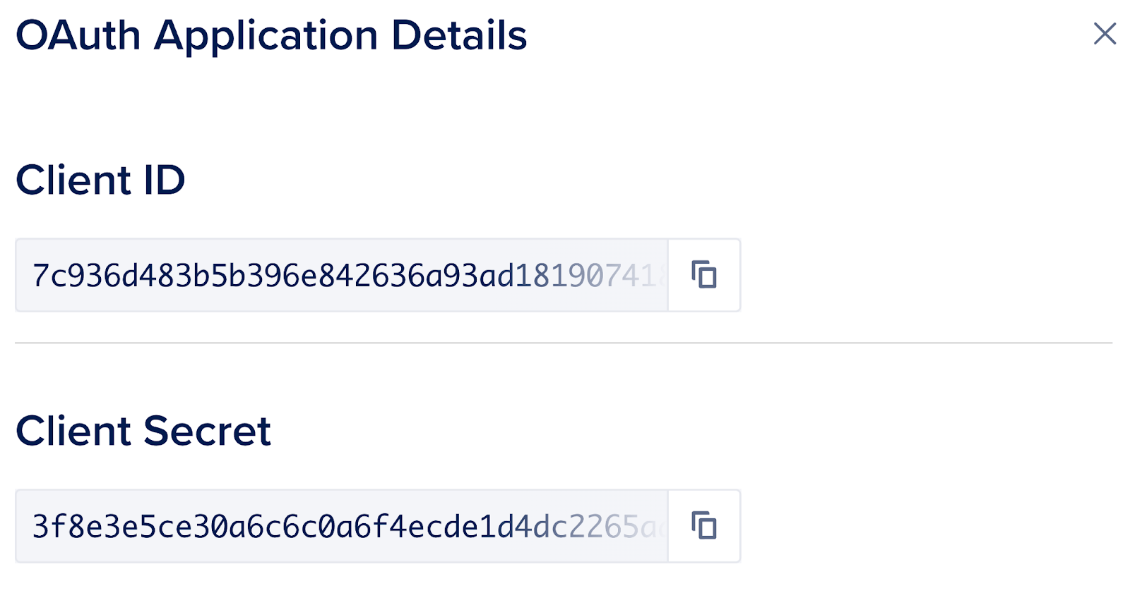 Client ID and Client Secret displayed in OAuth application details.