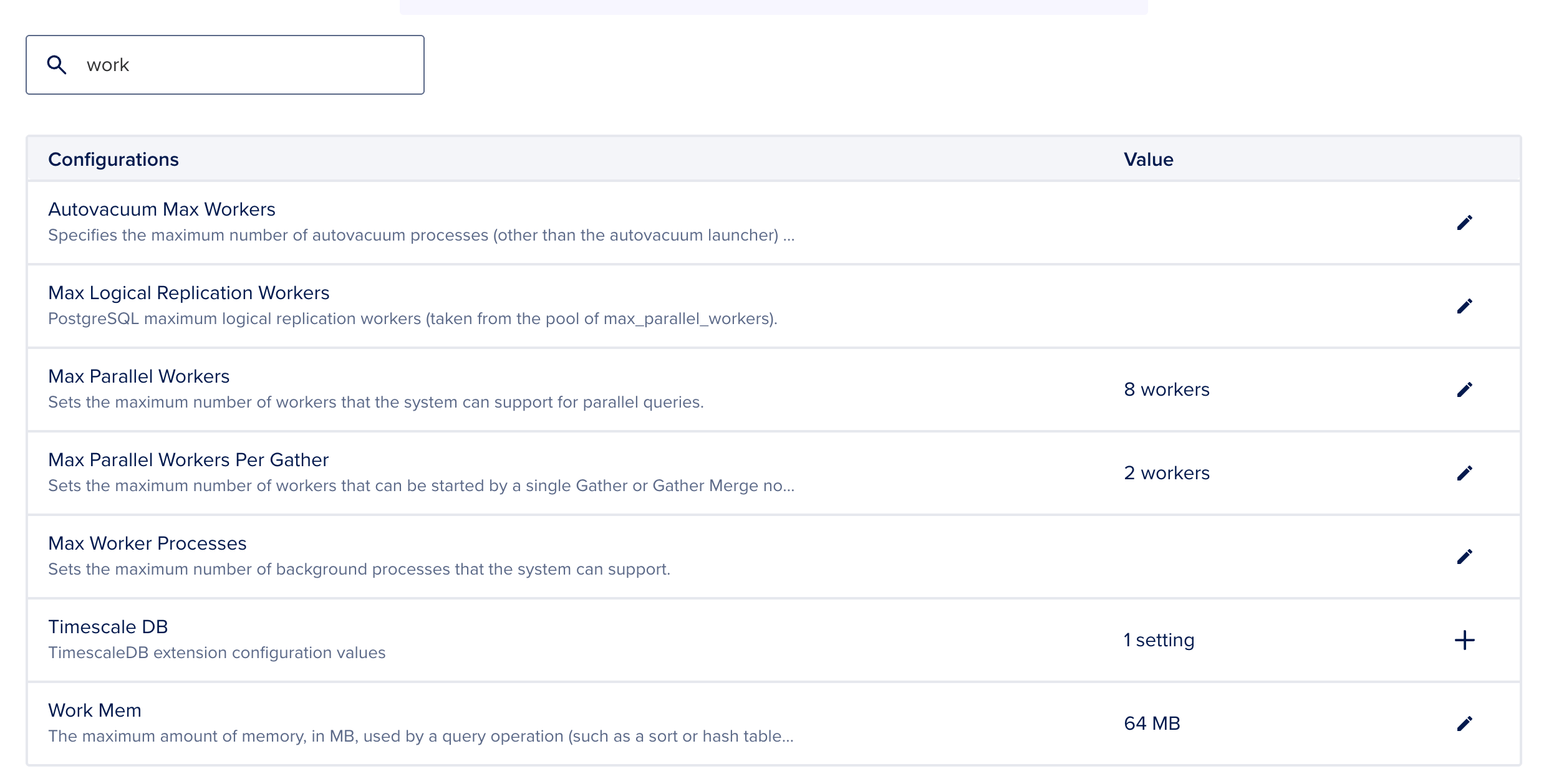 DigitalOcean Managed PostgreSQL Advanced Configurations panel showing work_mem set to 64 MB