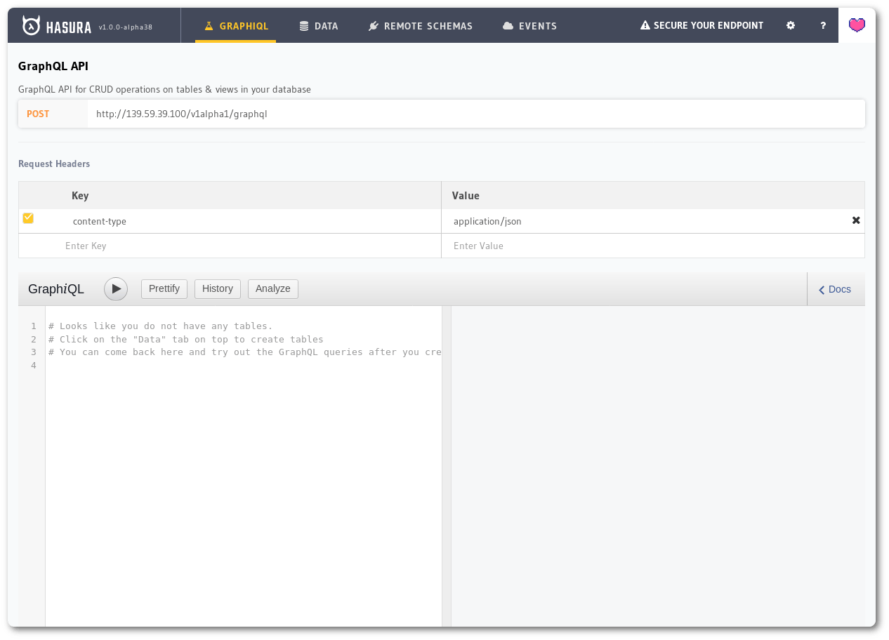 A screenshot of the Hasura console showing the default GraphQL tab where users can try out GraphQL queries