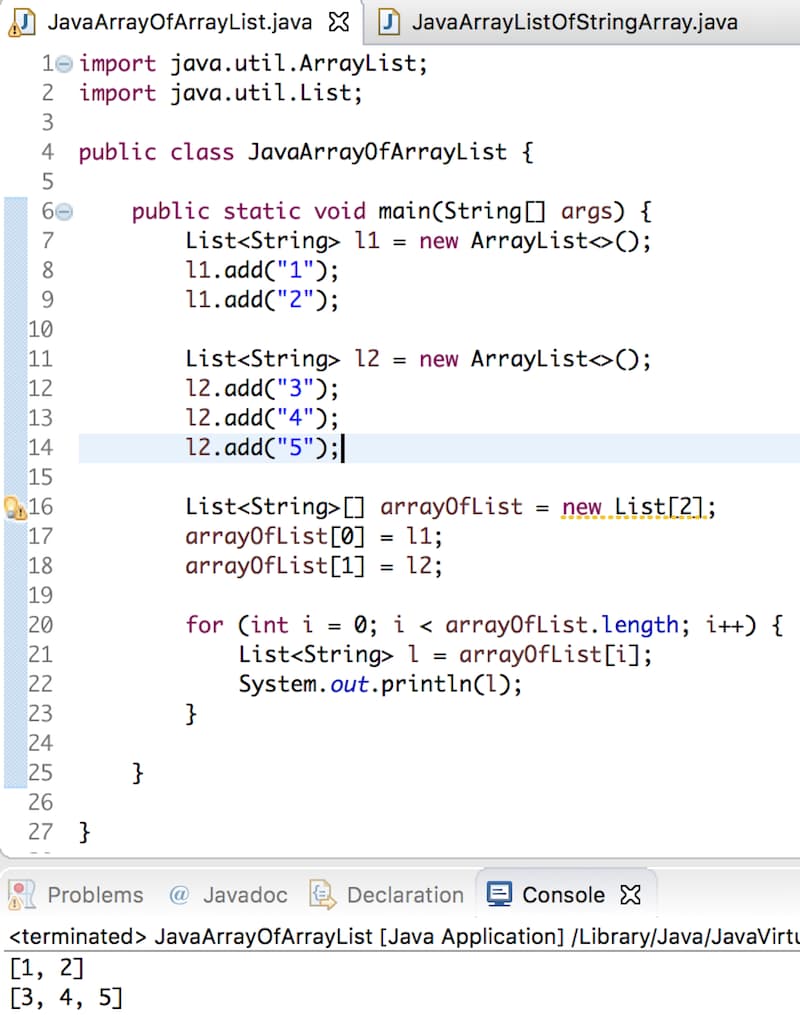 java array of arraylist, array of lists in java