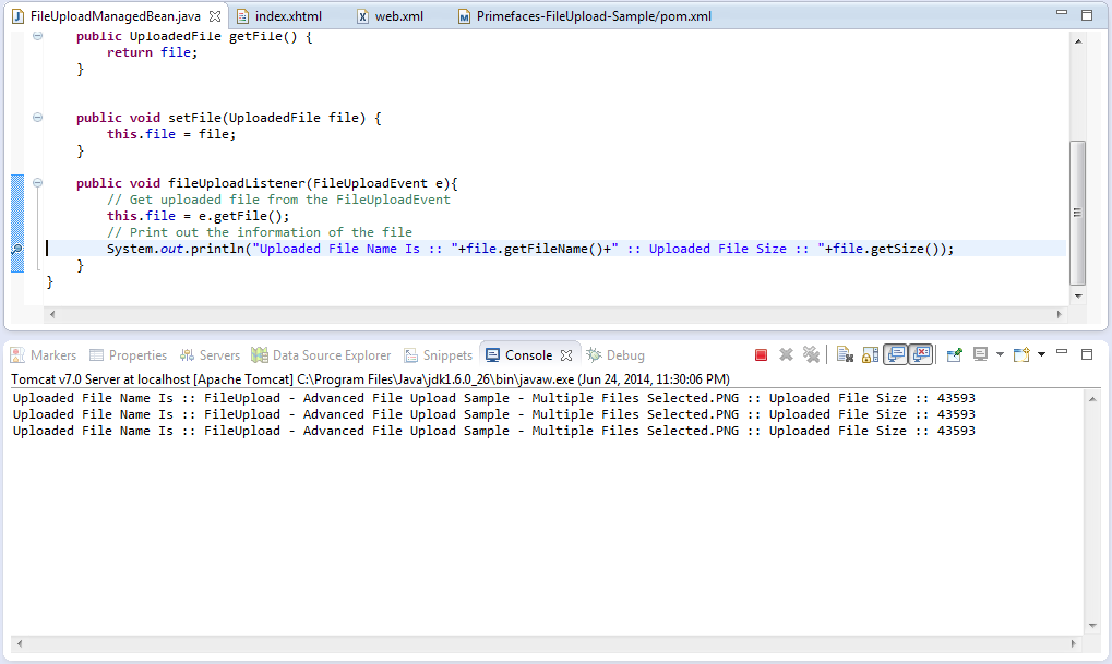 Primefaces FileUpload - Advanced File Upload Sample - Auto Upload - Files Uploaded - Print Out Information