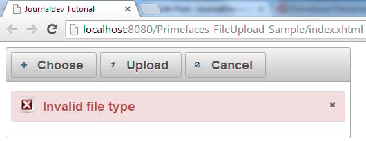 Primefaces FileUpload - Advanced File Upload Sample - Enforce Images - Error Message Shown