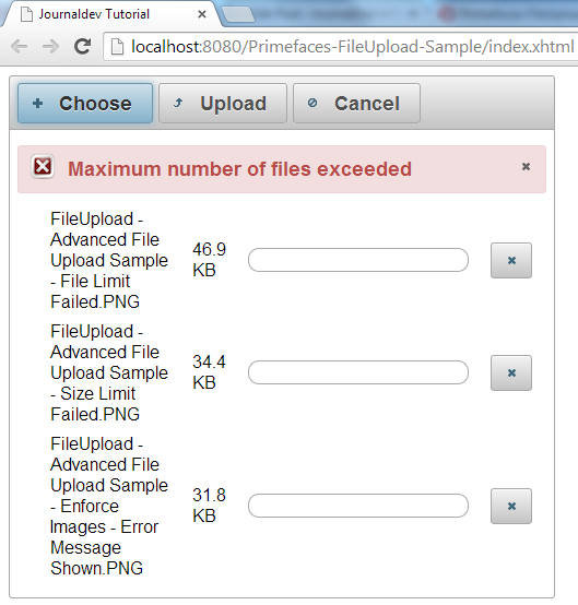 Primefaces FileUpload - Advanced File Upload Sample - Four Files - File Limit Failed