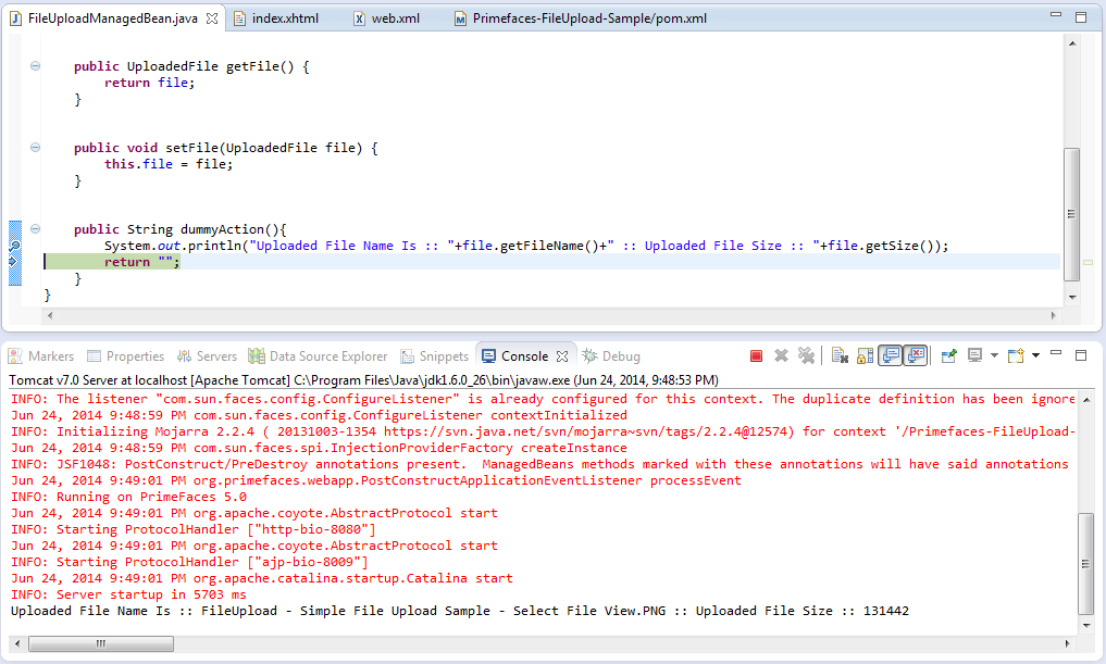 Primefaces FileUpload - Simple File Upload Sample - File Uploaded