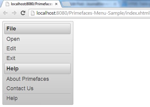Primefaces Menu - Simple Menu Example