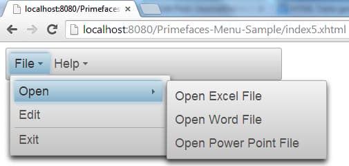 Primefaces Menubar - Nested Menubar