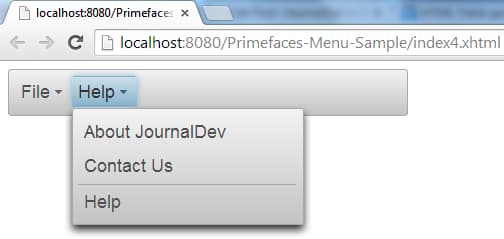 Primefaces Menubar - Simple Menubar Example - Help SubMenu