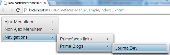 Primefaces TieredMenu - Simple Example - Ajax, Non Ajax & Navigation Actions