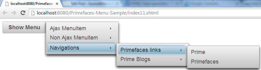 Primefaces TieredMenu - Simple Example - Overlay
