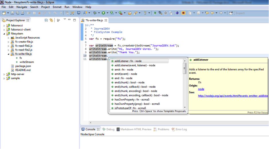 Node.js FS module Enide IDE