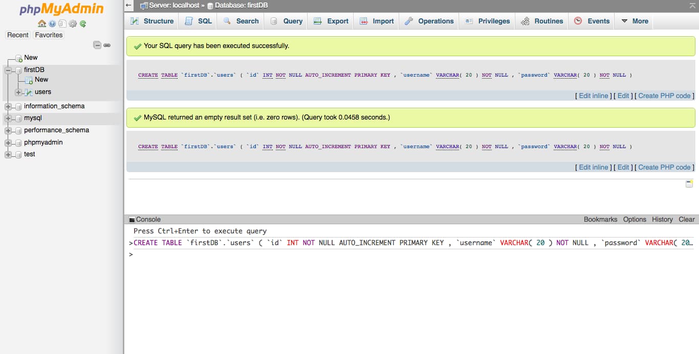android phpmyadmin create table