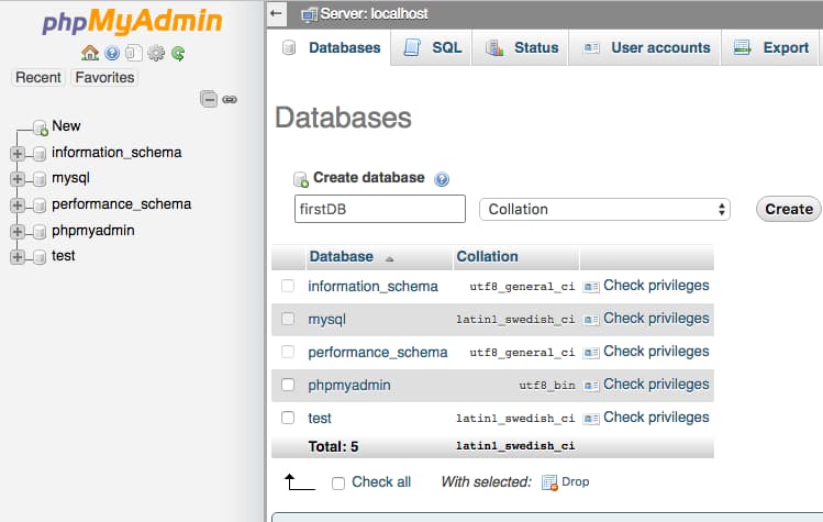 android phpmyadmin database create