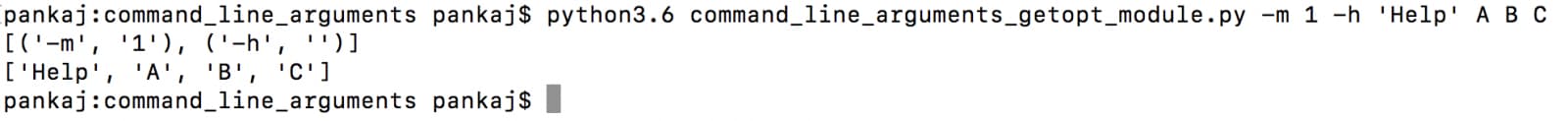 Sample run of getopt parsing short and long
options