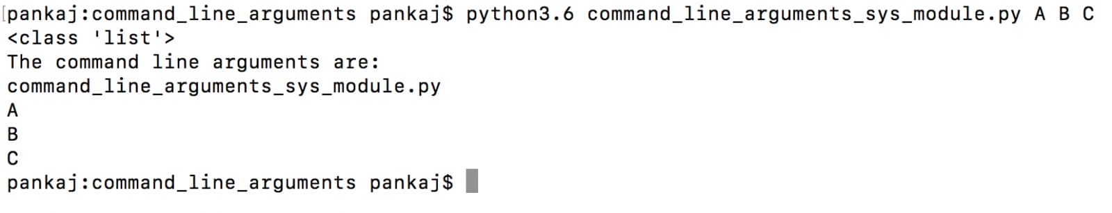 Output listing sys.argv entries for a sample
run