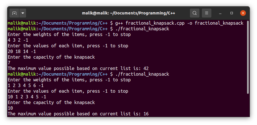 Fractional Knapsack Output
